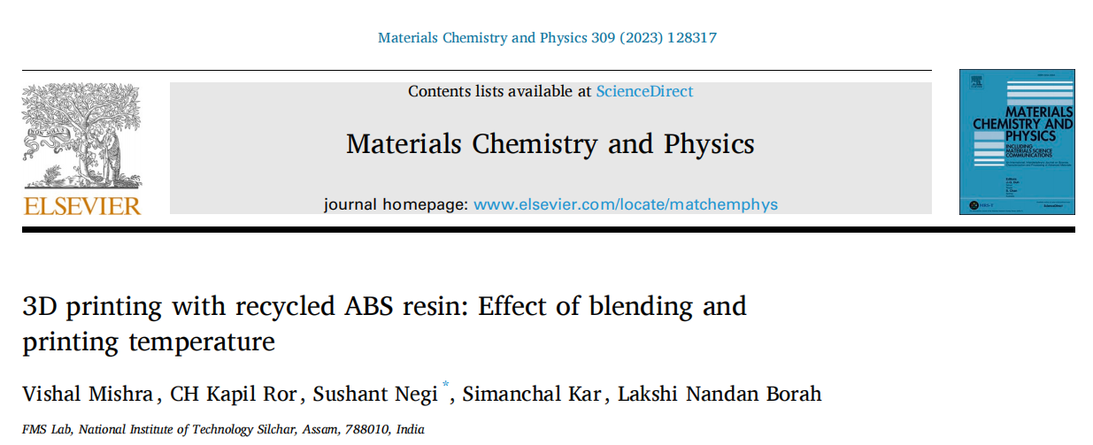 《Materials Chemistry and Physics》：混合和打印温度的3D打印回收ABS树脂的影响